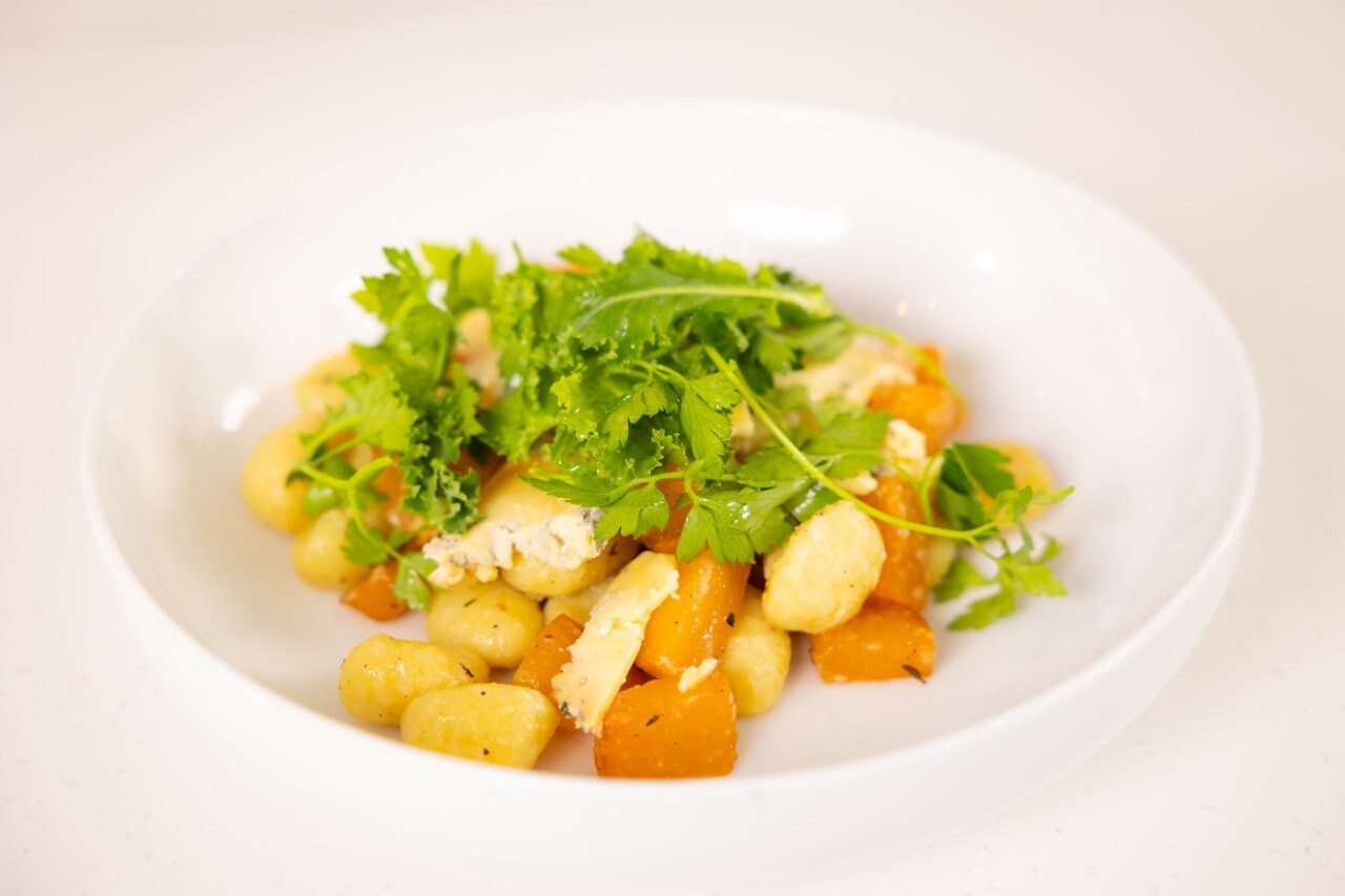 Gnocchi with Candied Turnip, Young Buck Blue and Watercress.